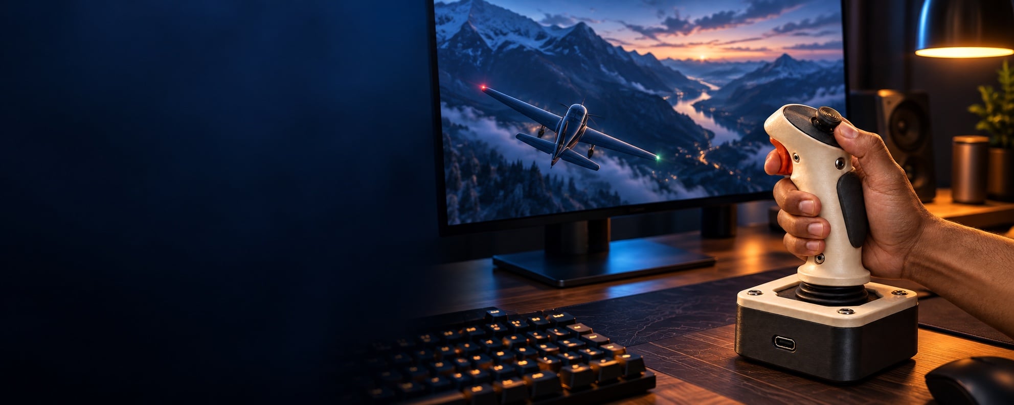 A hand gripping a printed flight joystick beside a plane game on a monitor