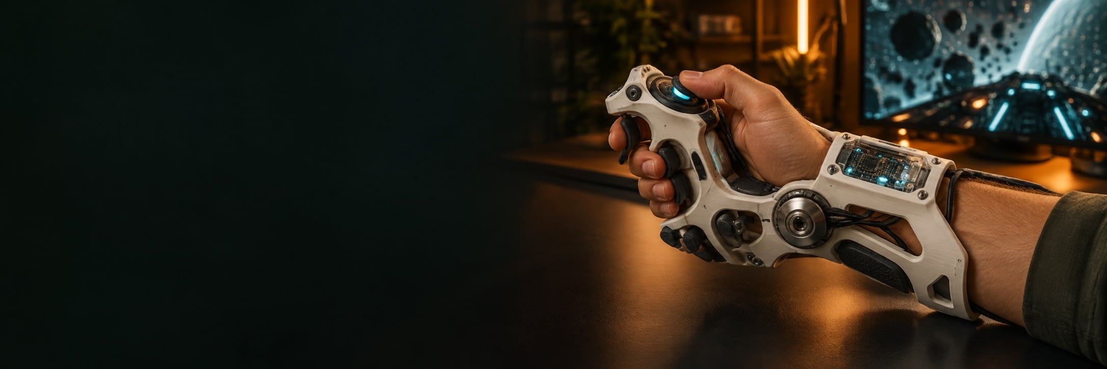 A hand wearing a printed sci-fi thruster controller with visible electronics